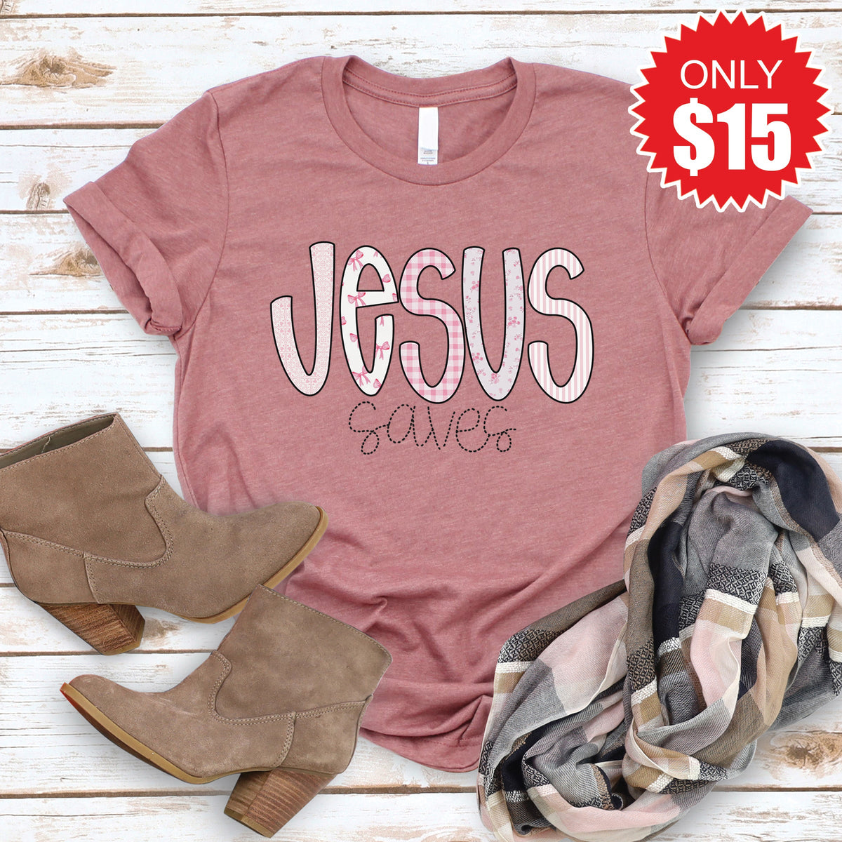 Jesus Saves Tee - Heather Mauve - 15