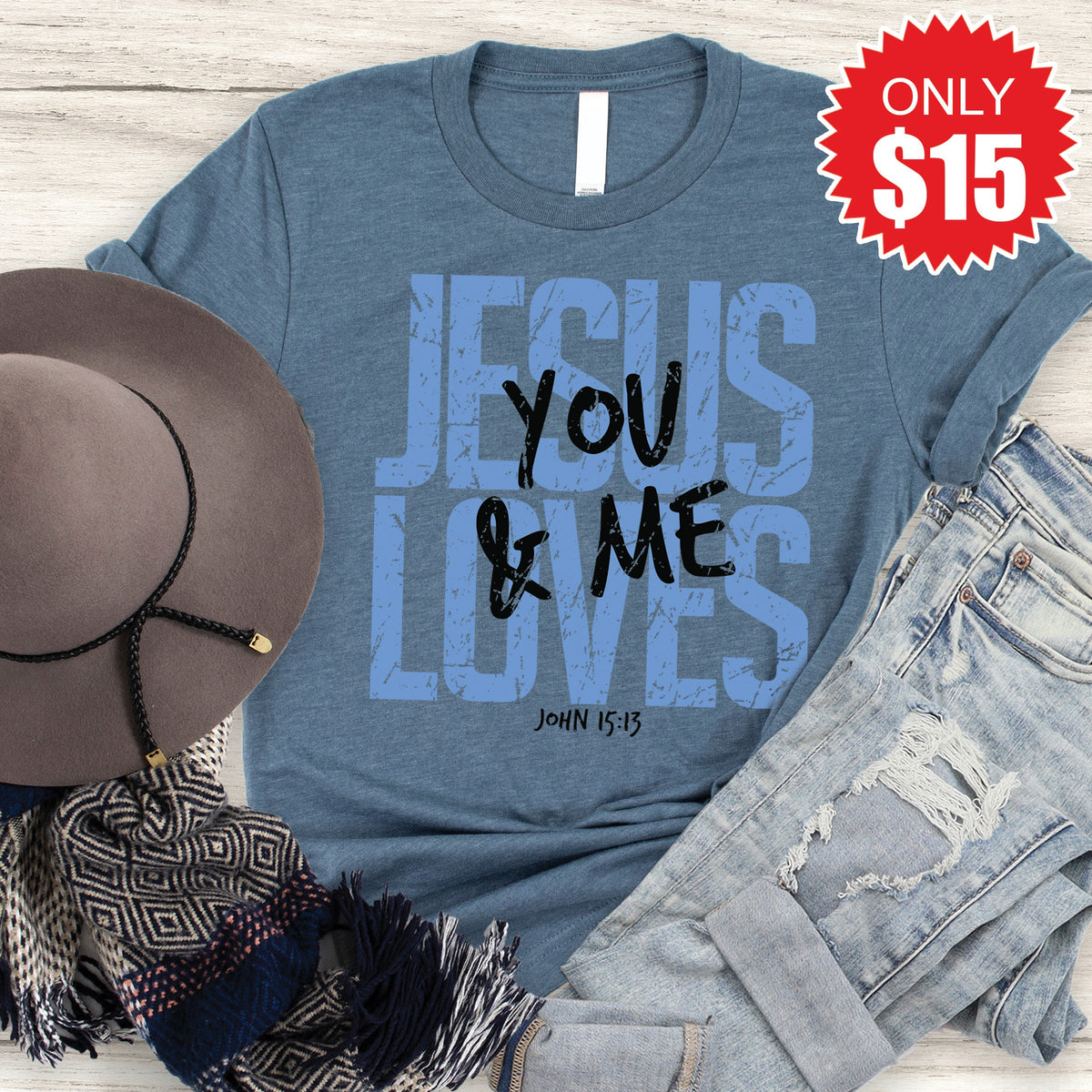 Jesus Loves You And Me Tee - Heather Slate - 15