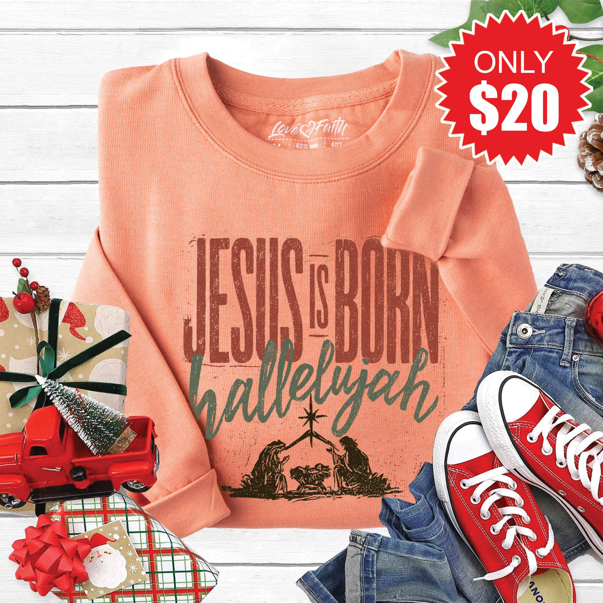 Jesus Is Born Sweatshirt - Heather Terracotta - 20