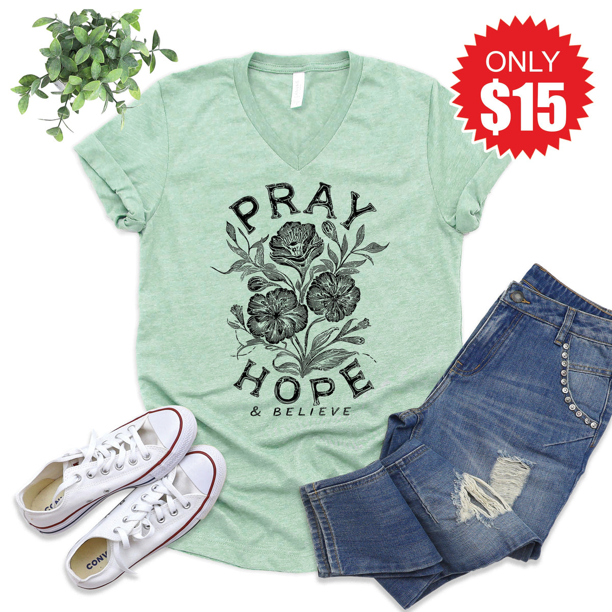 Pray Hope And Believe V-Neck - Heather Honeydew - 15