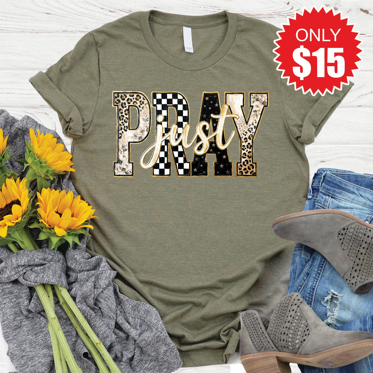 Just Pray Tee - Heather Olive - 15