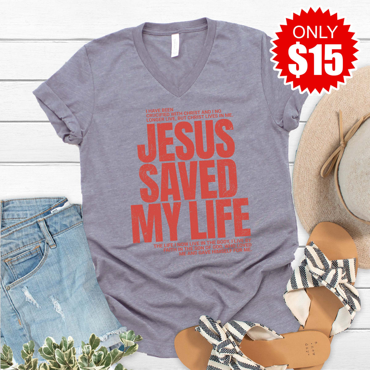 Jesus Saved My Life V-Neck - Heather Storm - 15