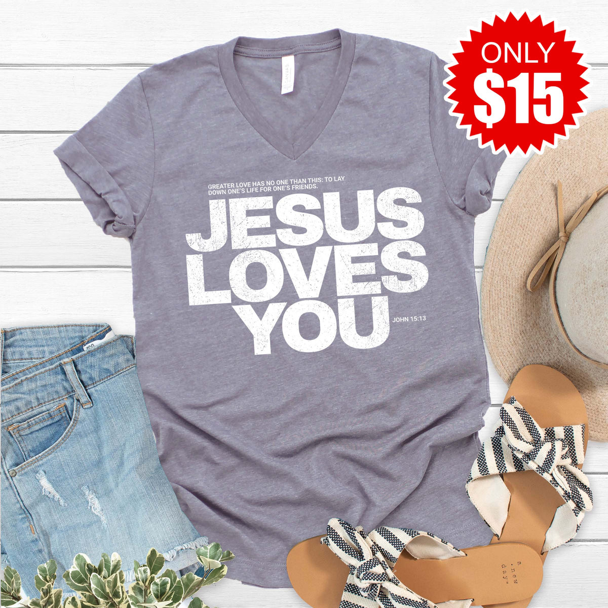 Jesus Loves You V-Neck - Heather Storm - 15