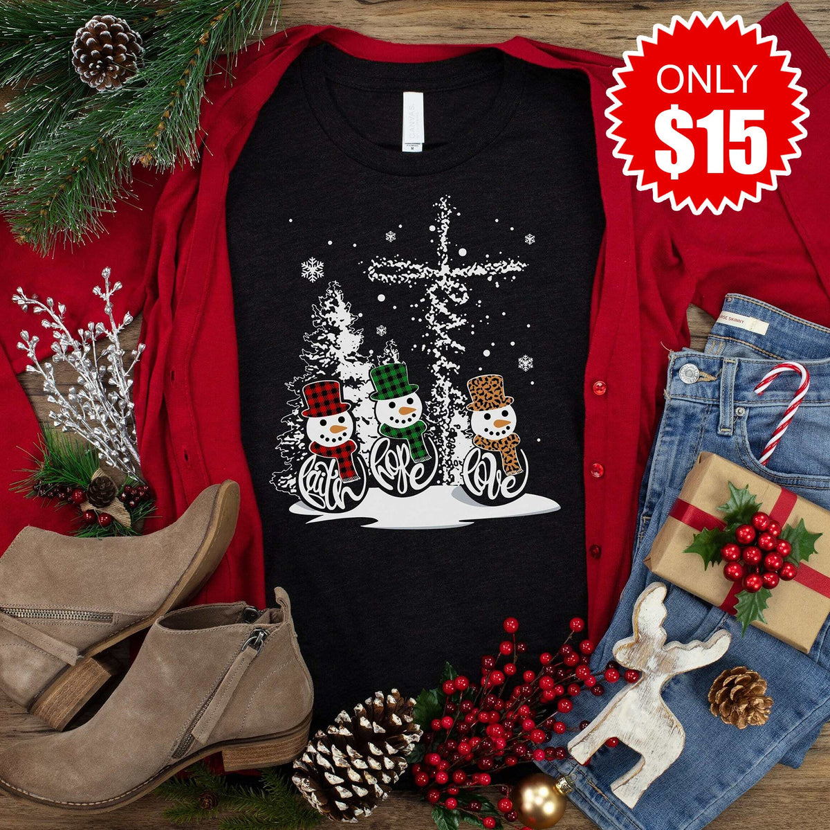 Faith Hope Love Snowmen Tee - Black - 15 product image 1