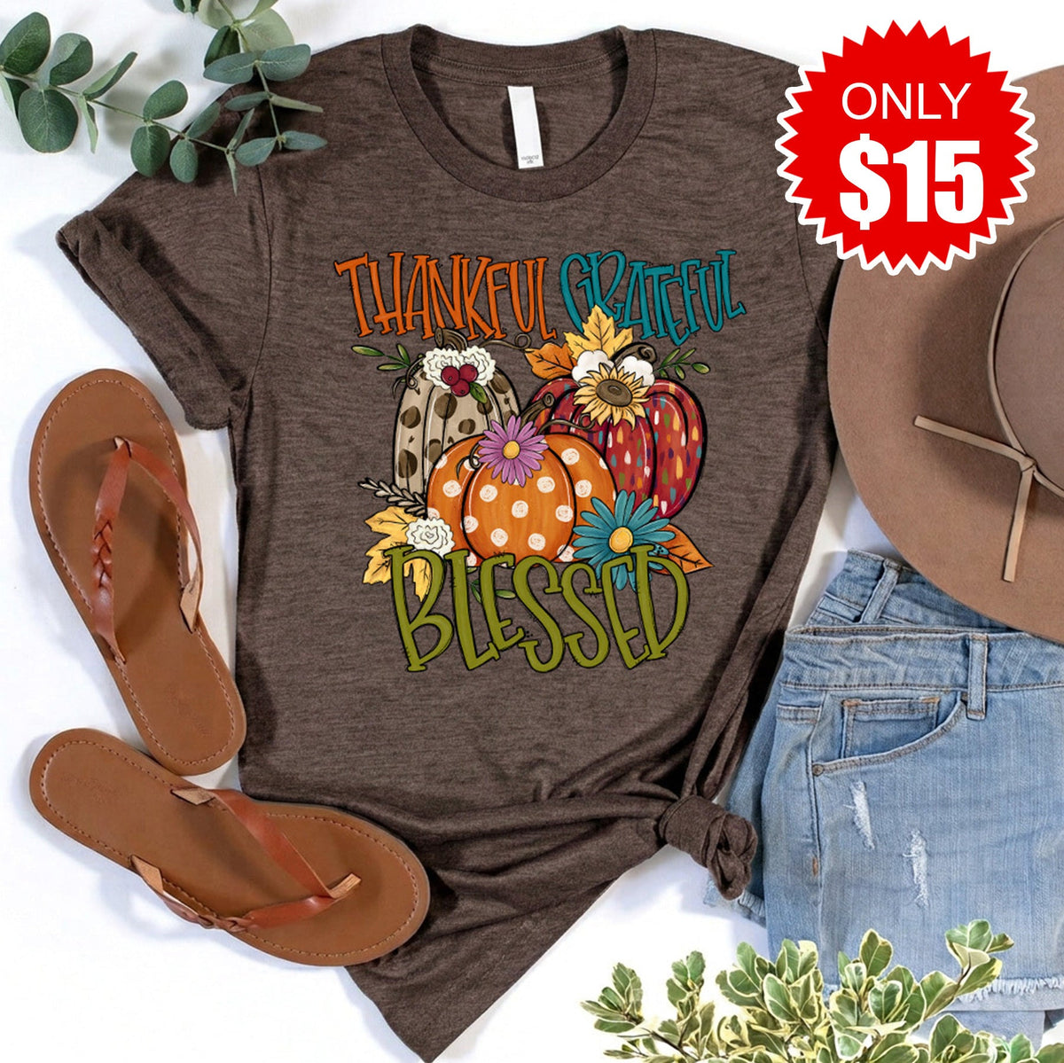 Thankful Grateful Blessed Fall Tee - Heather Truffle - 15 product image 1