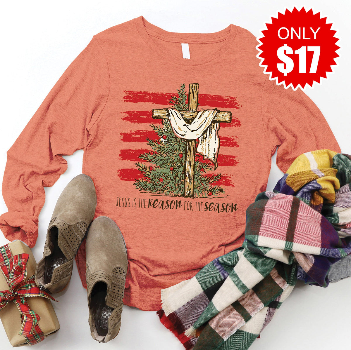 Jesus Is the Reason Long Sleeve - Heather Terracotta - 17