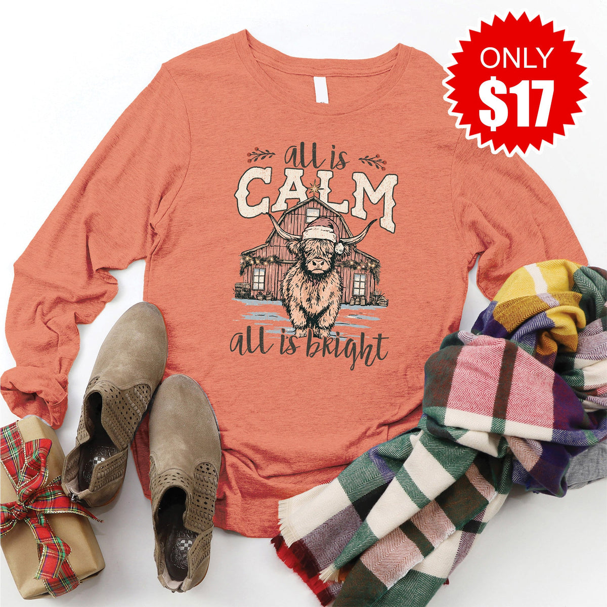 All is Calm Cow Long Sleeve - Heather Terracotta - 17 product image 1