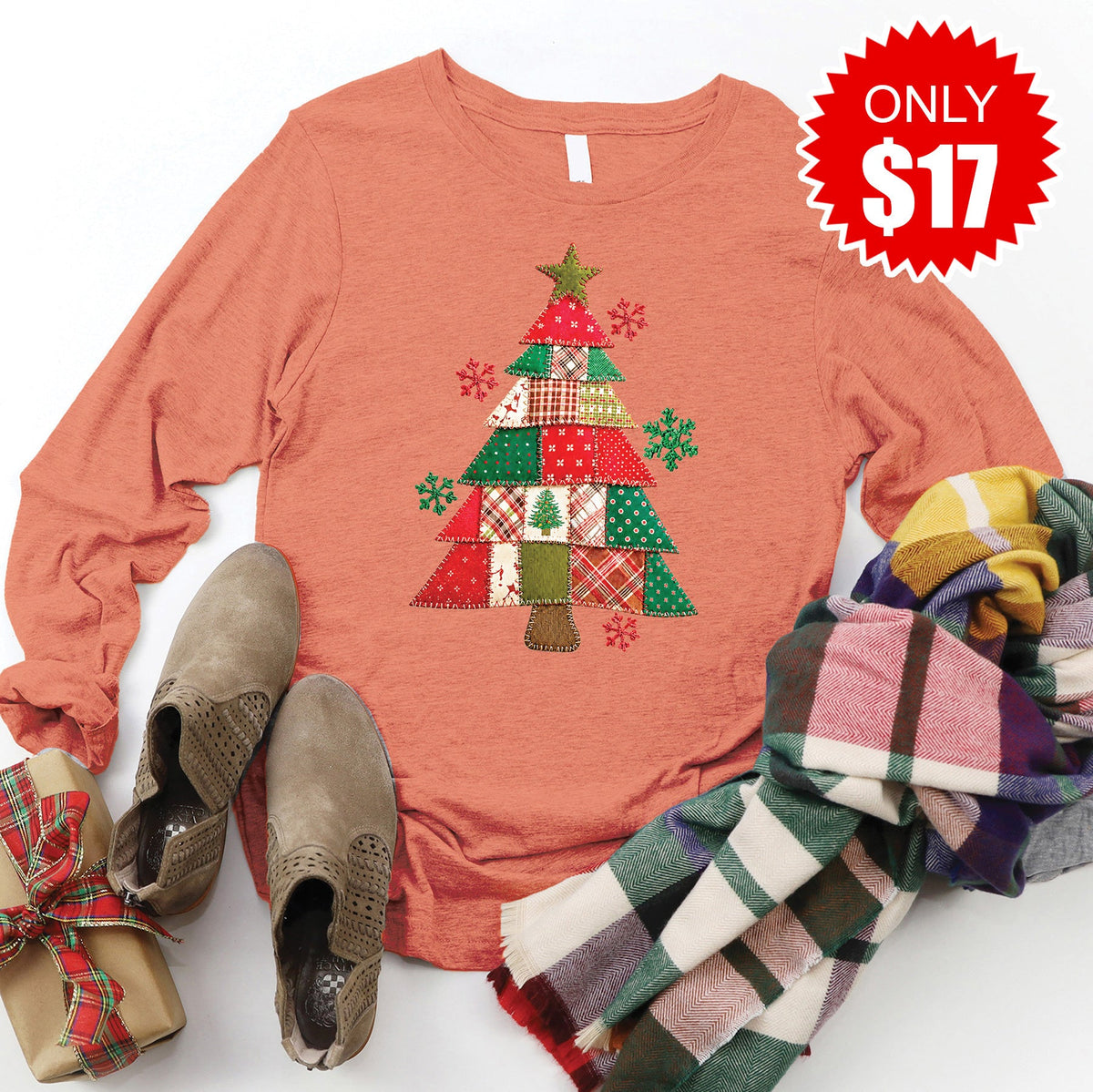 Christmas Tree Patchwork Long Sleeve - Heather Terracotta product image 1