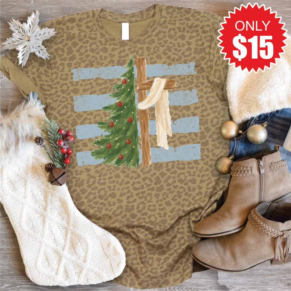 Cross and Christmas Tree Tee - Brown Leopard - 15 product image 1