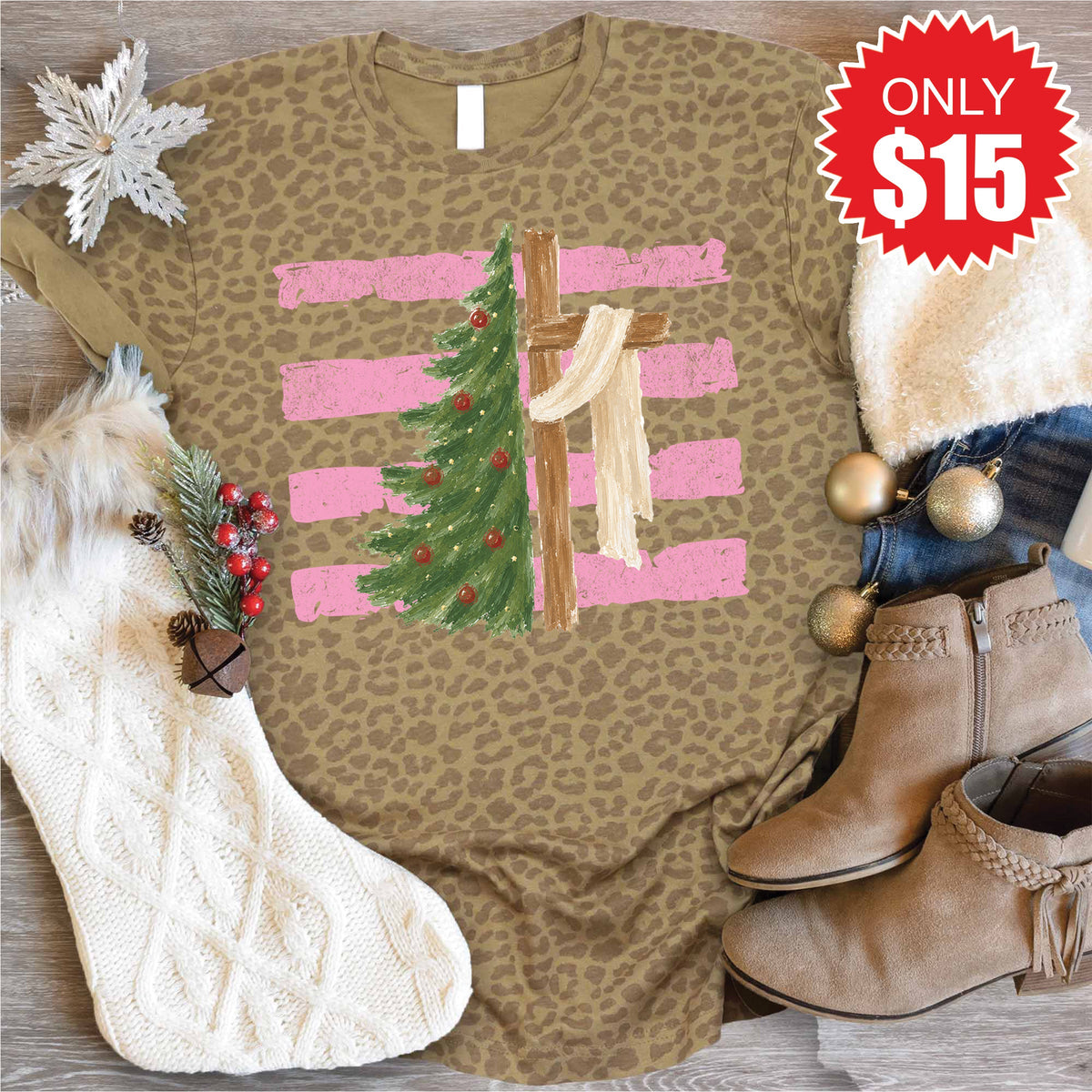 Cross and Christmas Tree Tee - Brown Leopard - 15 product image 1