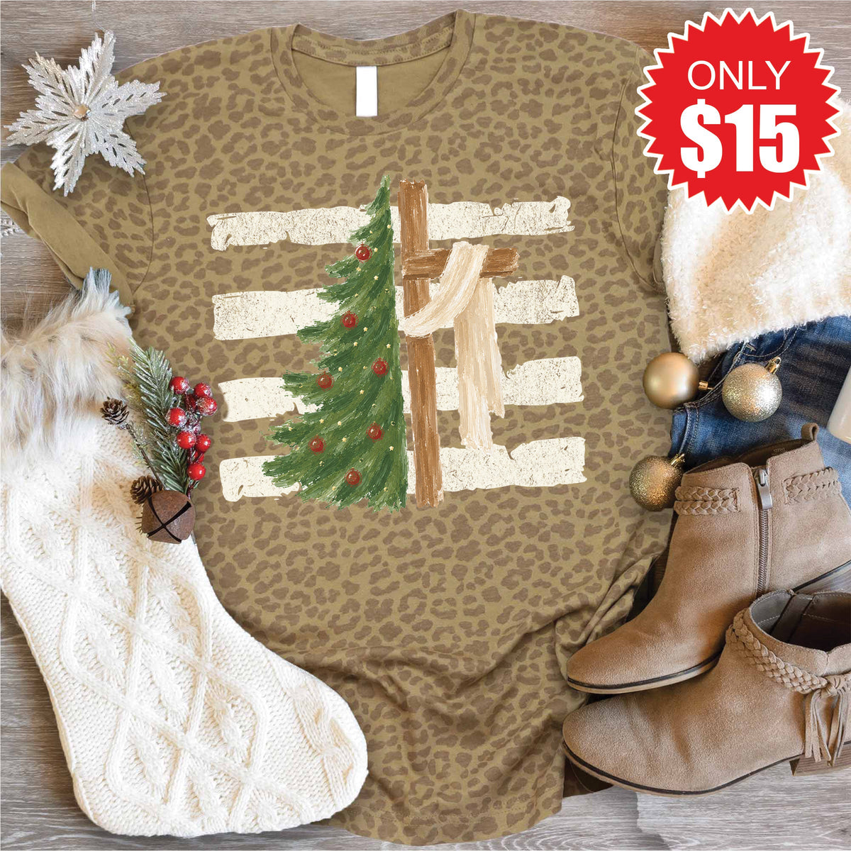 Cross and Christmas Tree Tee - Brown Leopard - 15 product image 1