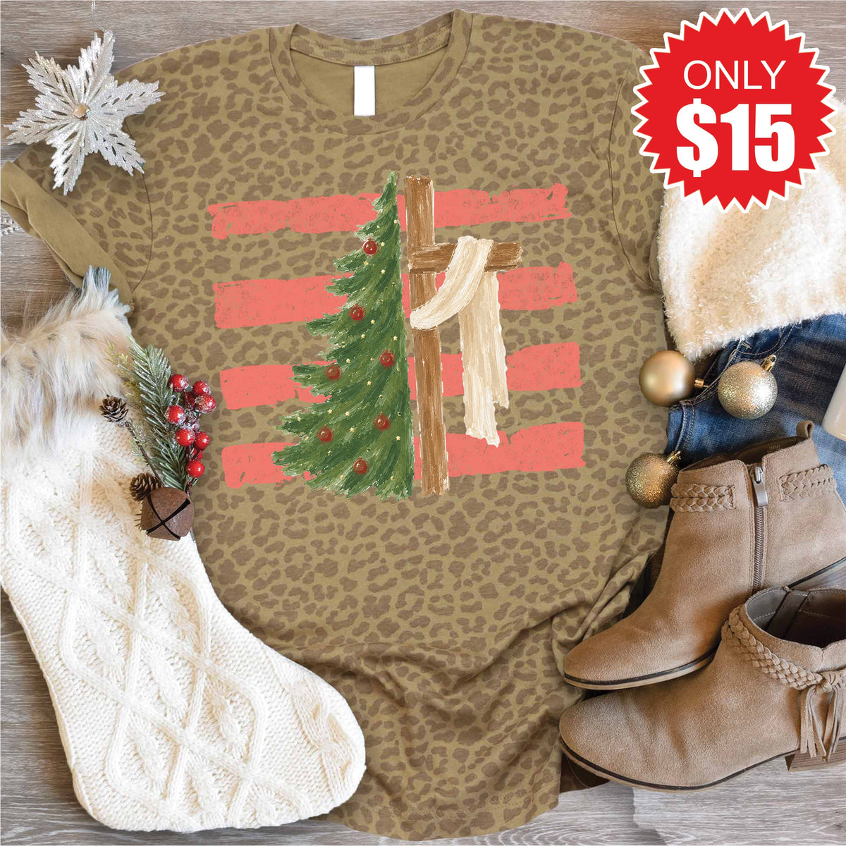 Cross and Christmas Tree Tee - Brown Leopard - 15 product image 1