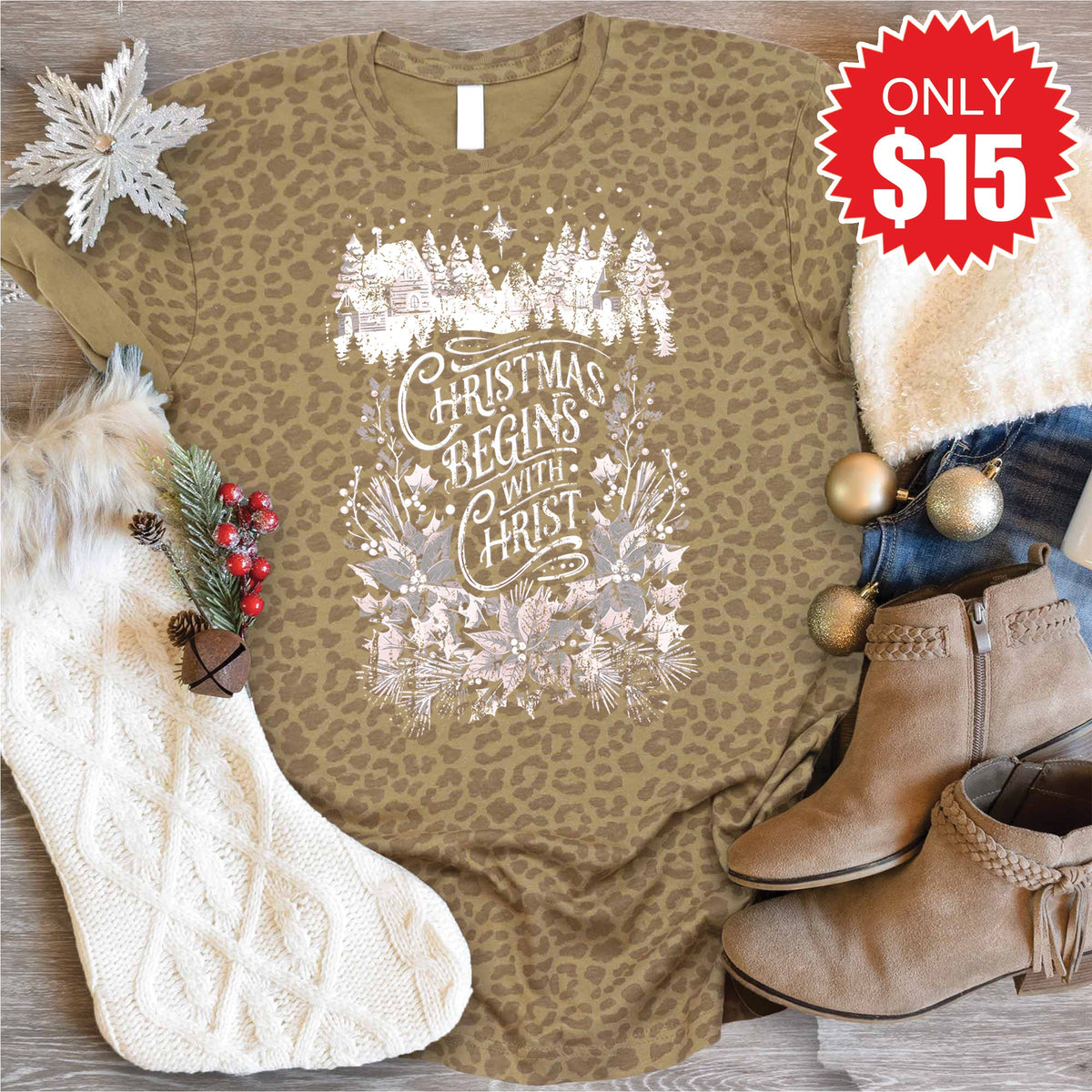 Christmas Begins With Christ Tee - Brown Leopard - 15 product image 1