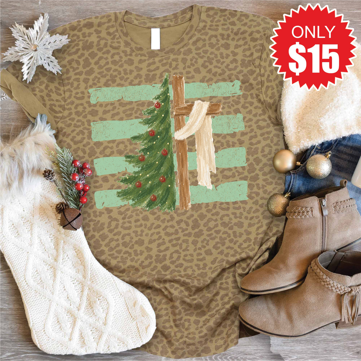 Cross and Christmas Tree Tee - Brown Leopard - 15 product image 1