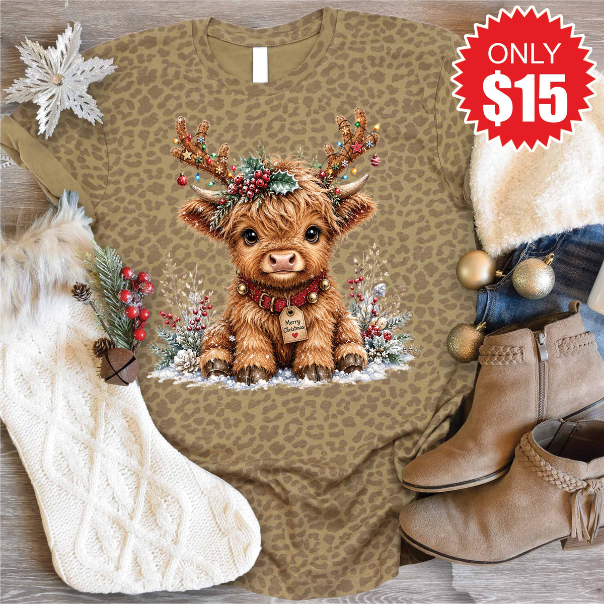 Christmas Cow Tee - Brown Leopard - 15 product image 1