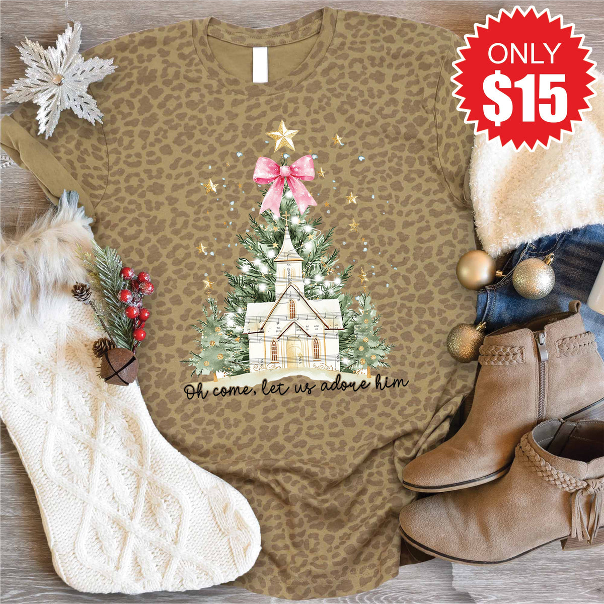 Adore Him Christmas Tree Tee - Brown Leopard - 15 product image 1
