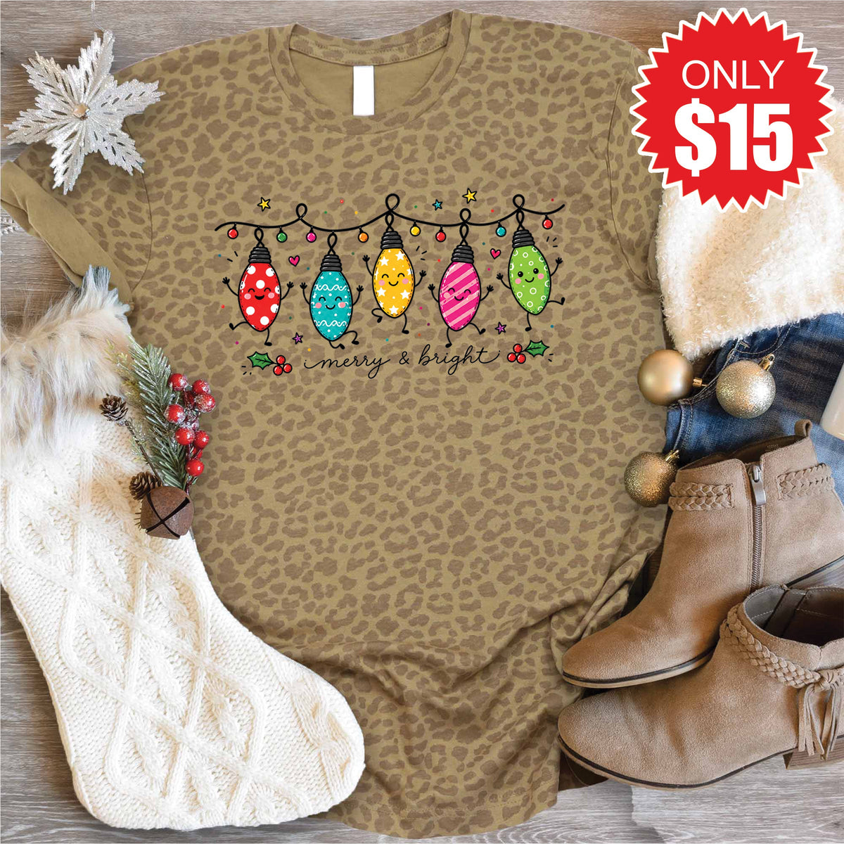 Merry and Bright Bulbs Tee - Brown Leopard - 15 product image 1