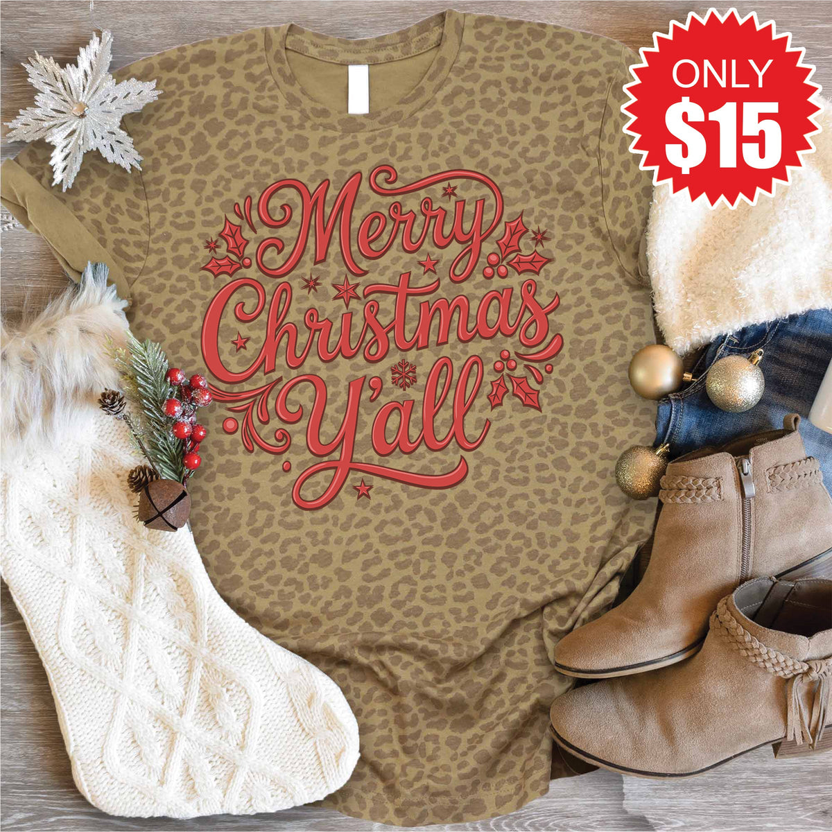 Merry Christmas Yall Tee - Brown Leopard - 15 product image 1