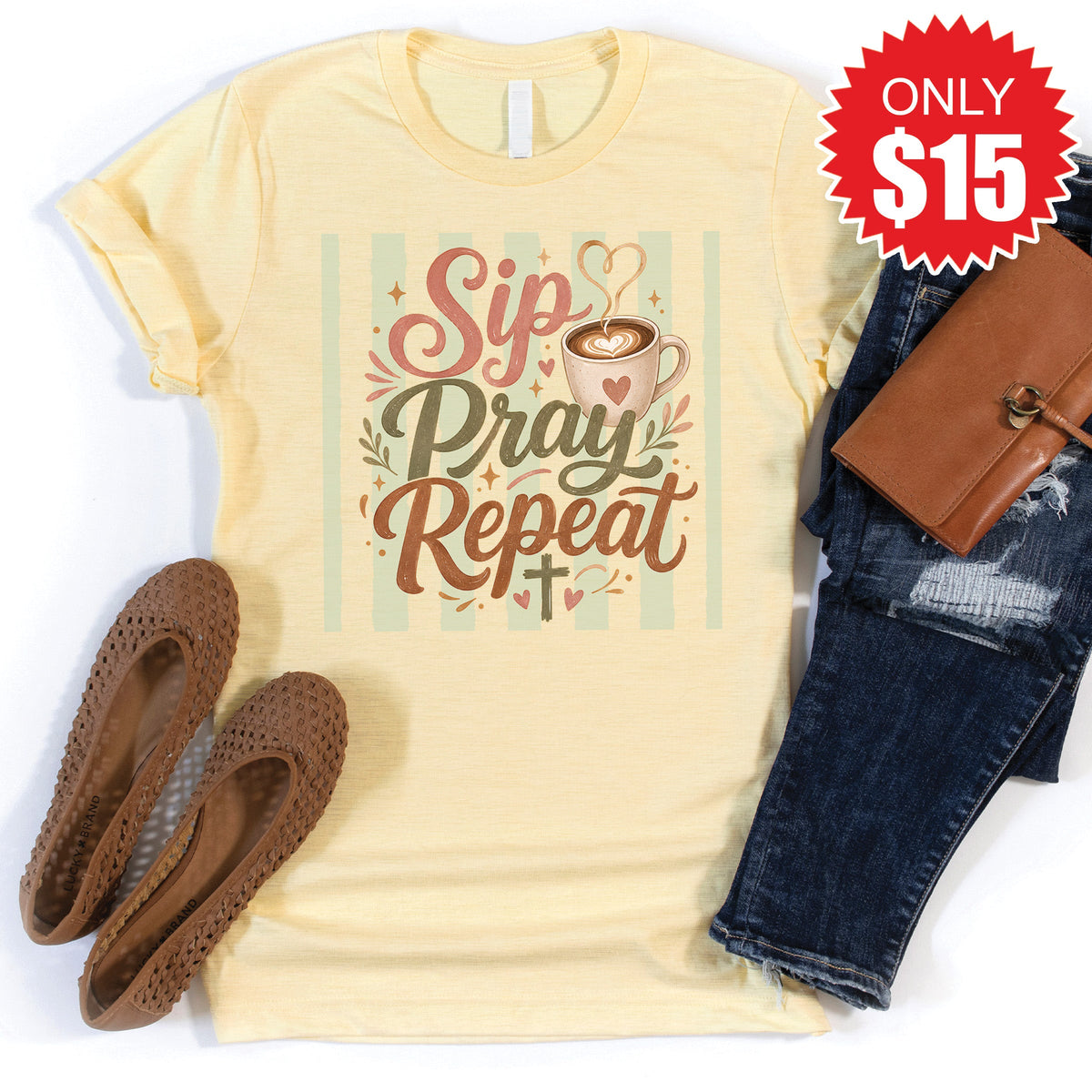 Sip Pray Repeat Tee - Heather French Vanilla - 15 product image 1