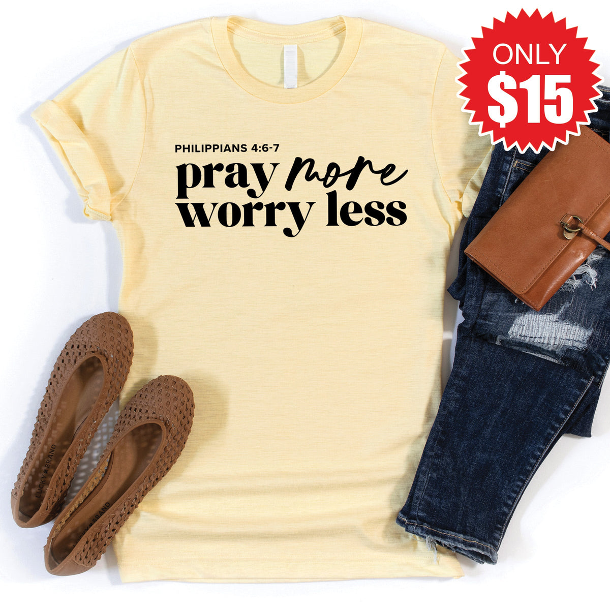 Pray More, Worry Less Tee - Heather French Vanilla - 15 product image 1