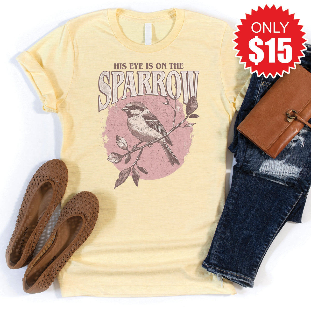 His Eye Is On The Sparrow Tee - Heather French Vanilla - 15 product image 1
