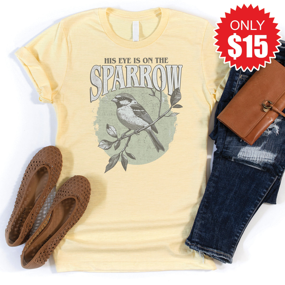 His Eye Is On The Sparrow Tee - Heather French Vanilla - 15 product image 1