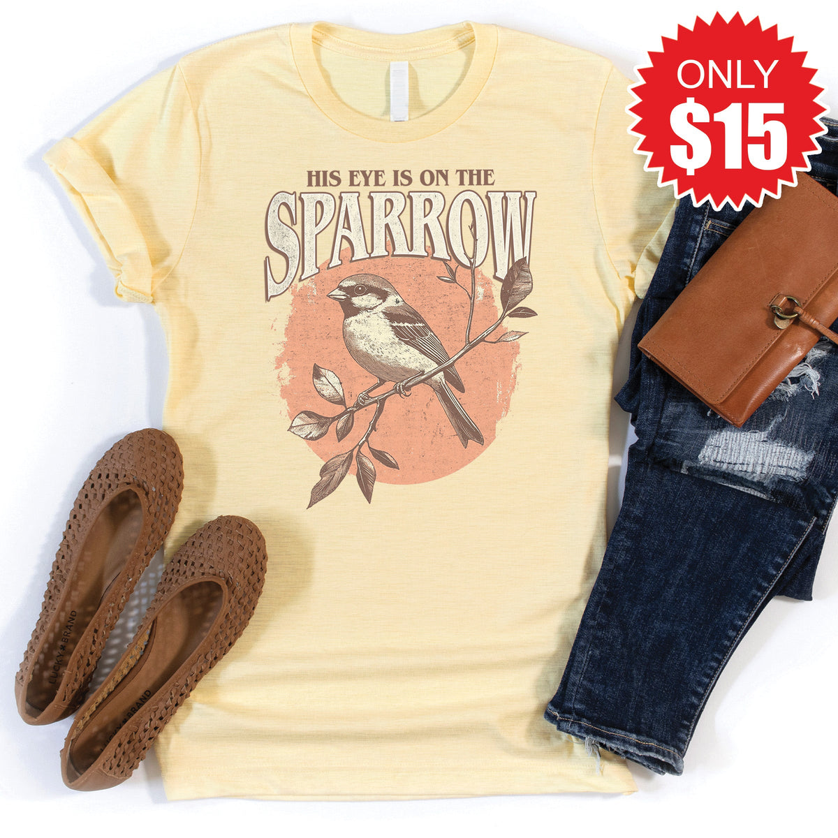His Eye Is On The Sparrow Tee - Heather French Vanilla - 15 product image 1