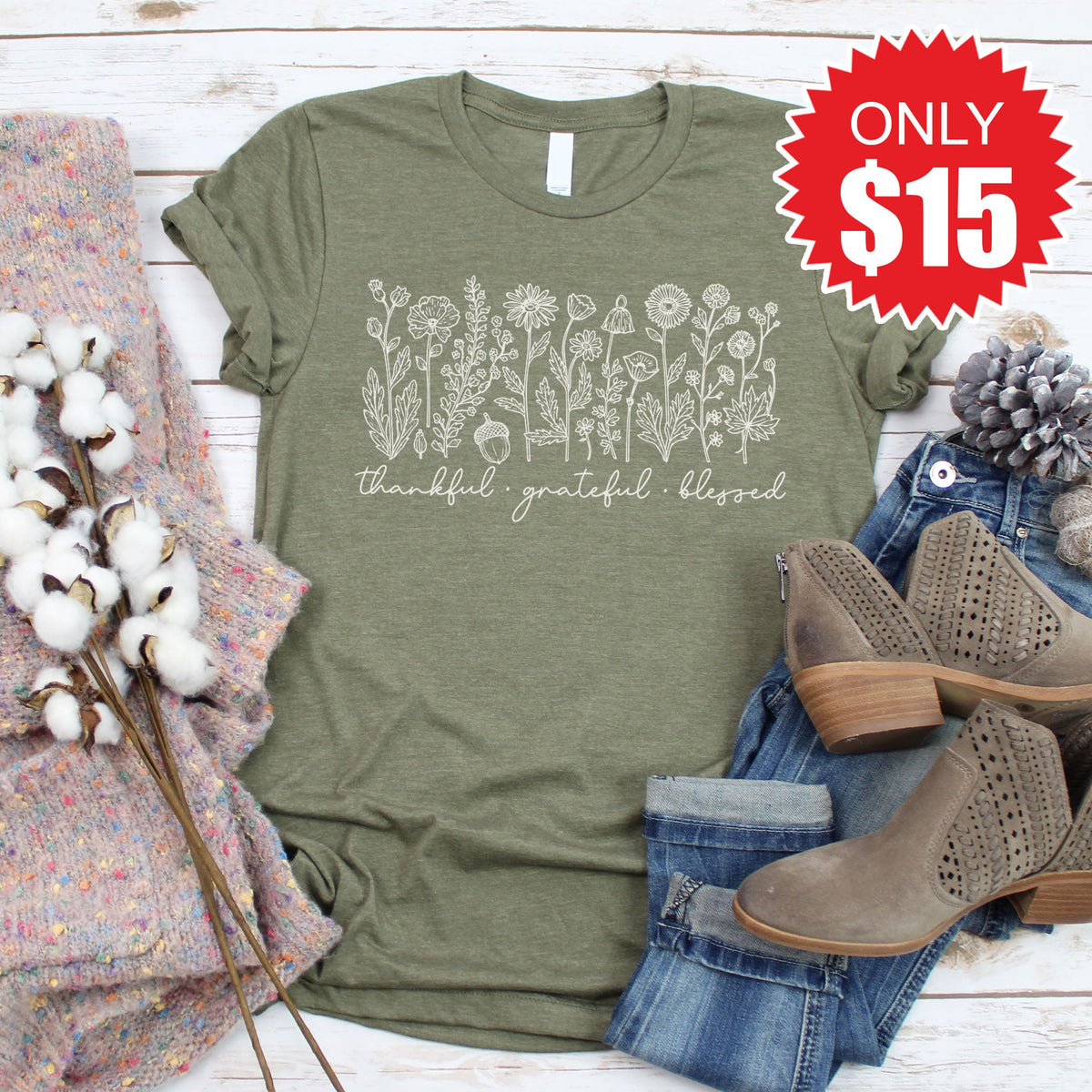 Thankful Grateful Blessed Tee - Heather Olive - 15 product image 1