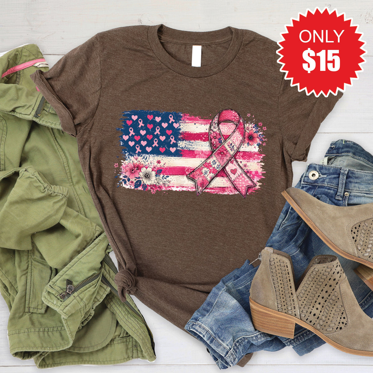 Pink Ribbon Tee - Heather Brown - 15 product image 1