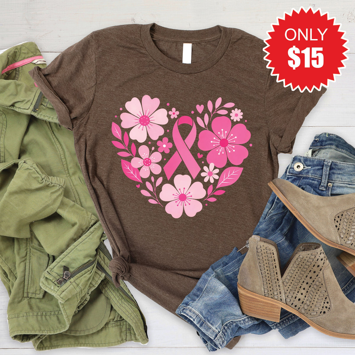 Pink Ribbon Floral Tee - Heather Brown - 15 product image 1