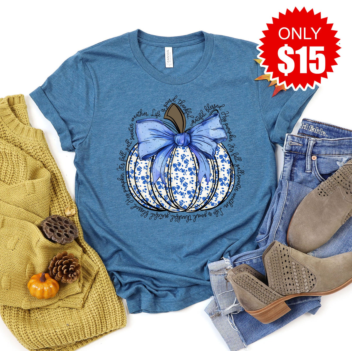 Blue Floral Pumpkin Tee - Heather Deep Teal - 15 product image 1