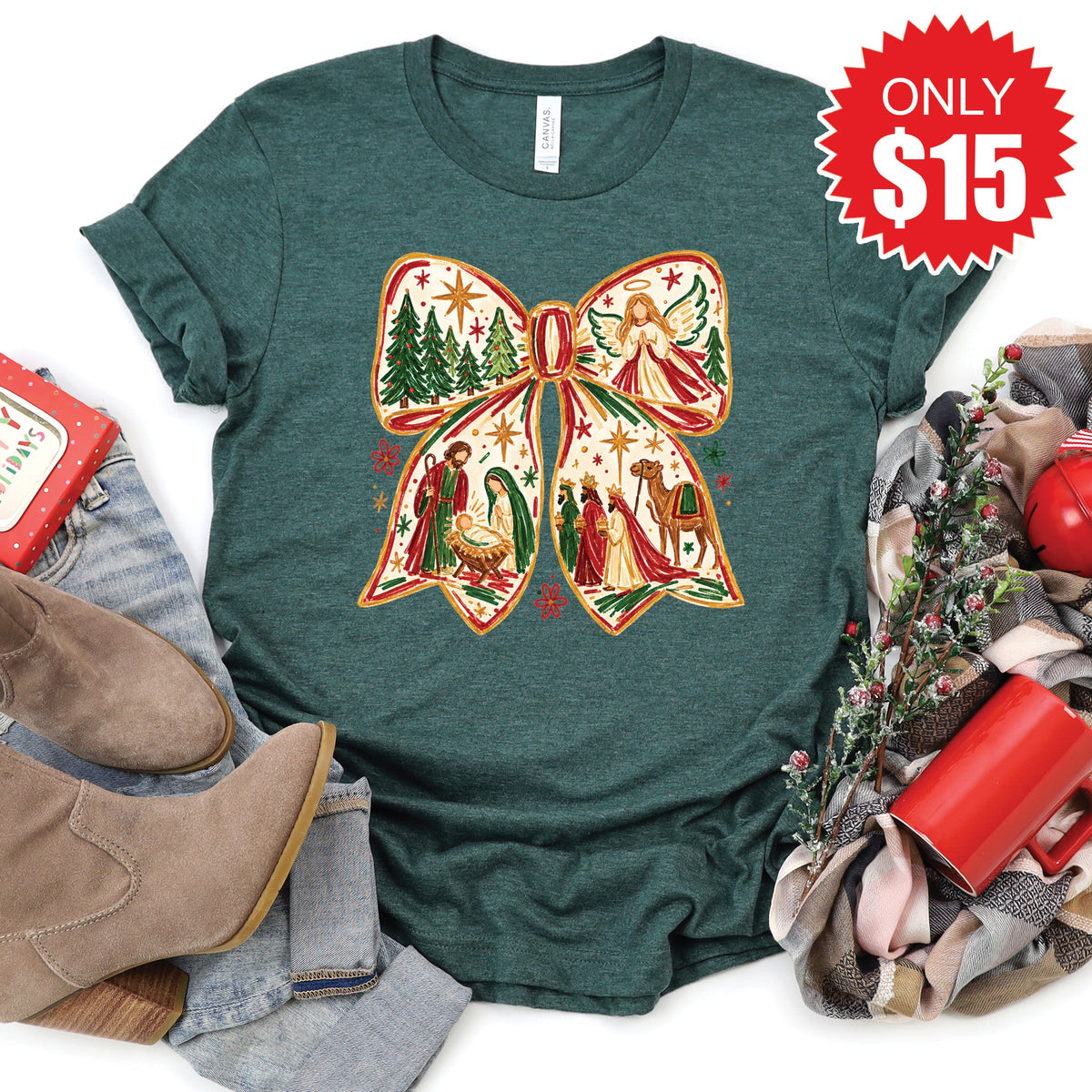 Christmas Bow Tee - Heather Forest - 15 product image 1