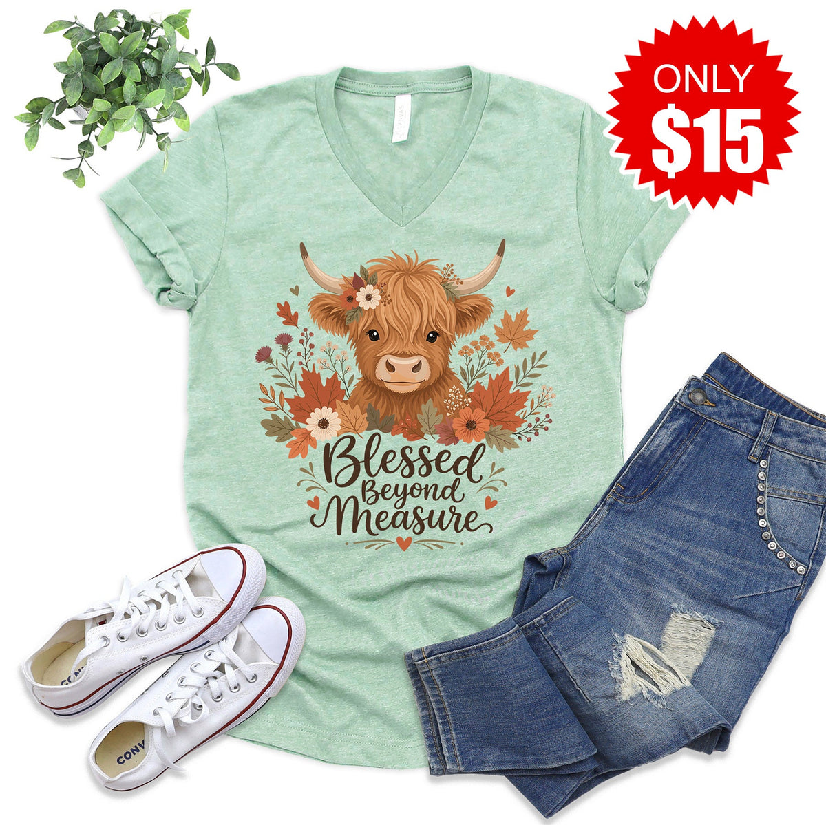Beyond Blessed V-Neck - Heather Honeydew - 15