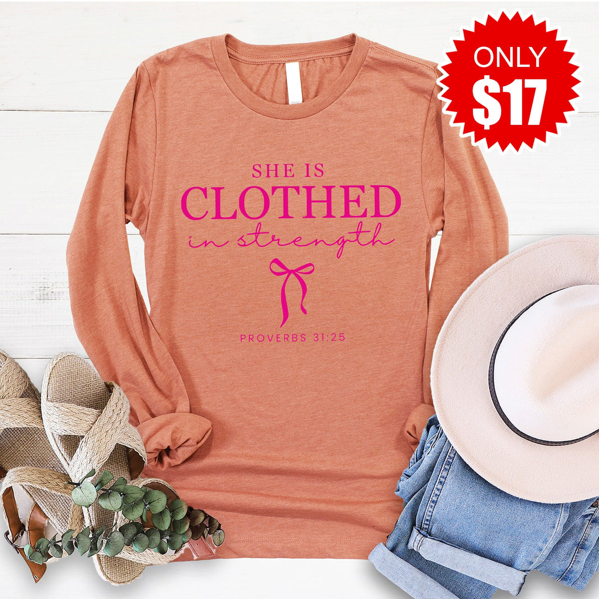 She Is Clothed In Strength Long Sleeve - Heather Terracotta product image 1