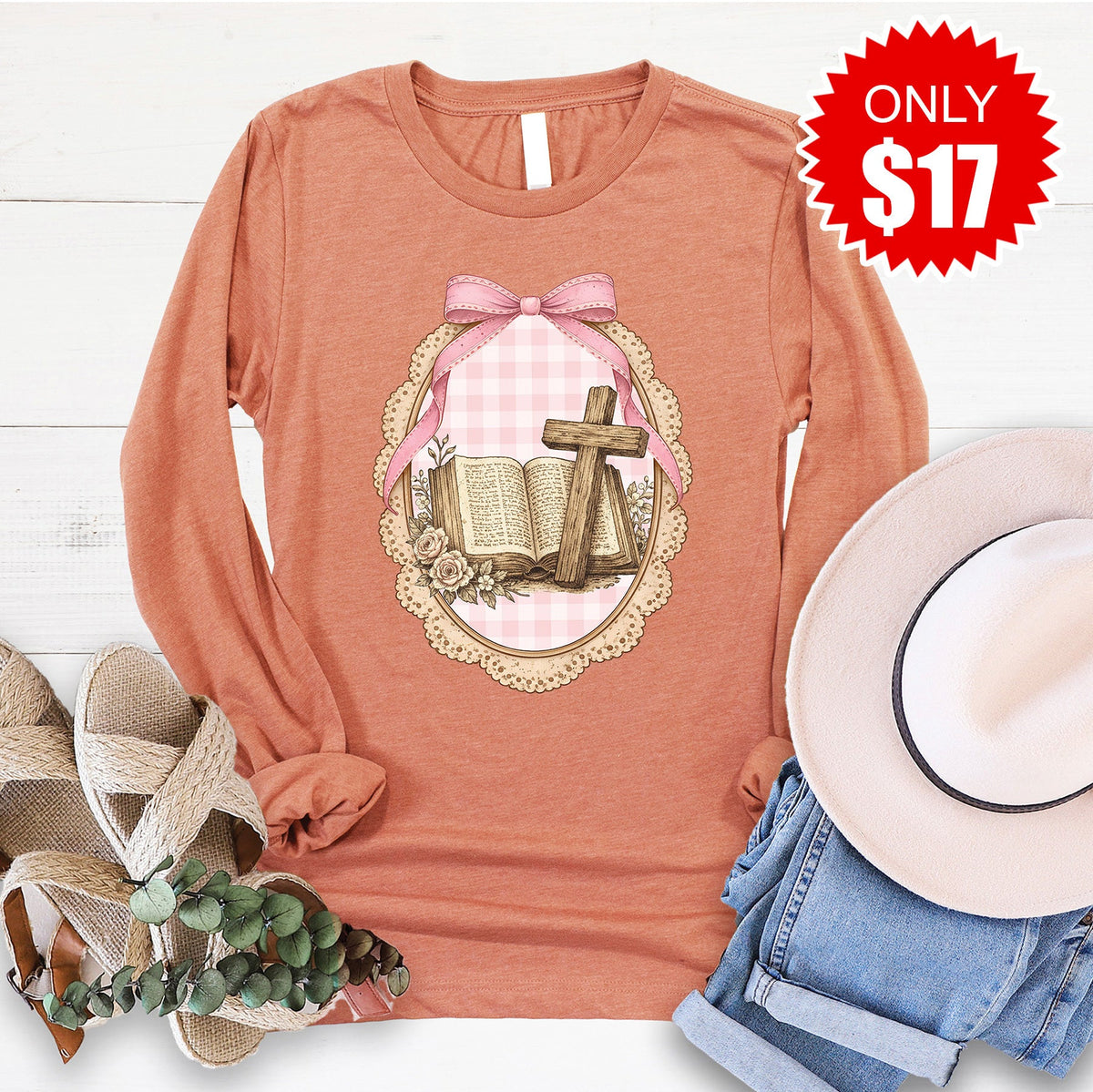 Bible and Cross Long Sleeve - Heather Terracotta - 17 product image 1