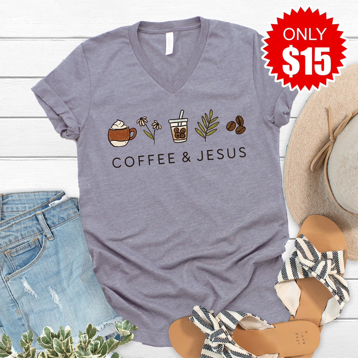 Coffee and Jesus V-Neck - Heather Storm - 15