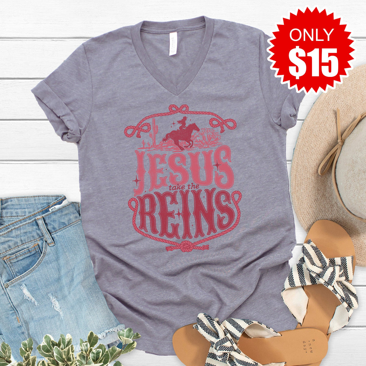 Jesus Took the Reins V-Neck - Heather Storm - 15