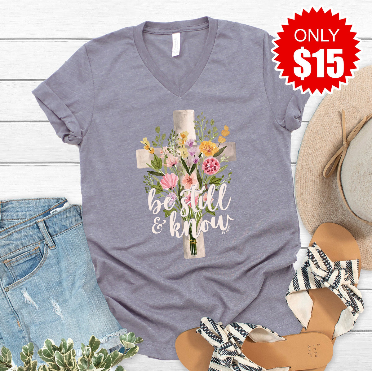 Be Still Bouquet V-Neck - Heather Storm - 15