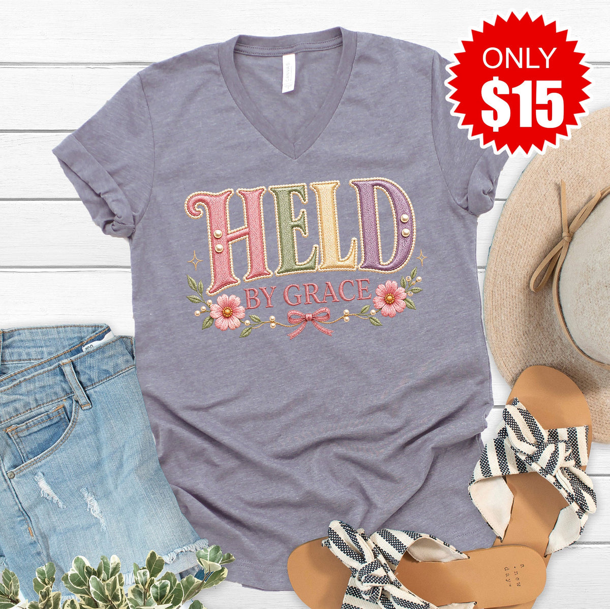 Held By Grace V-Neck - Heather Storm - 15