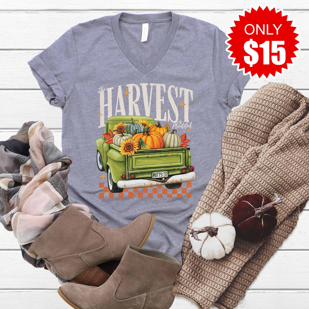 Harvest Truck V-Neck - Heather Storm - 15