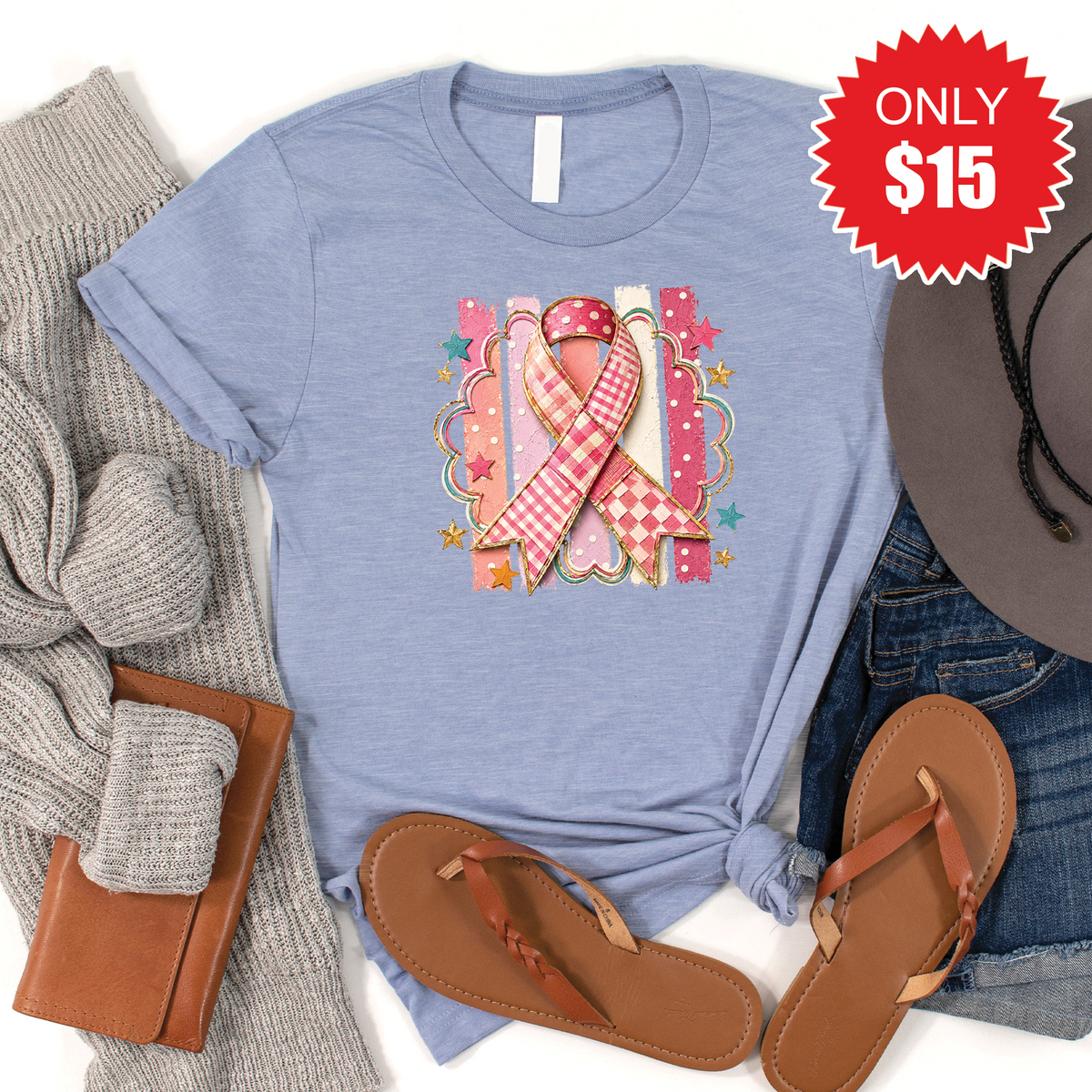 Pink Ribbon Tee - Heather Blue - 15 product image 1