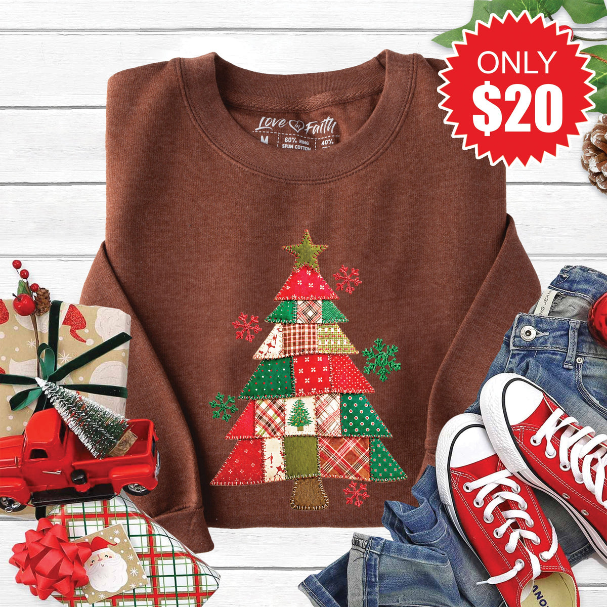 Christmas Tree Patchwork Sweatshirt - Heather Brown - 20 product image 1
