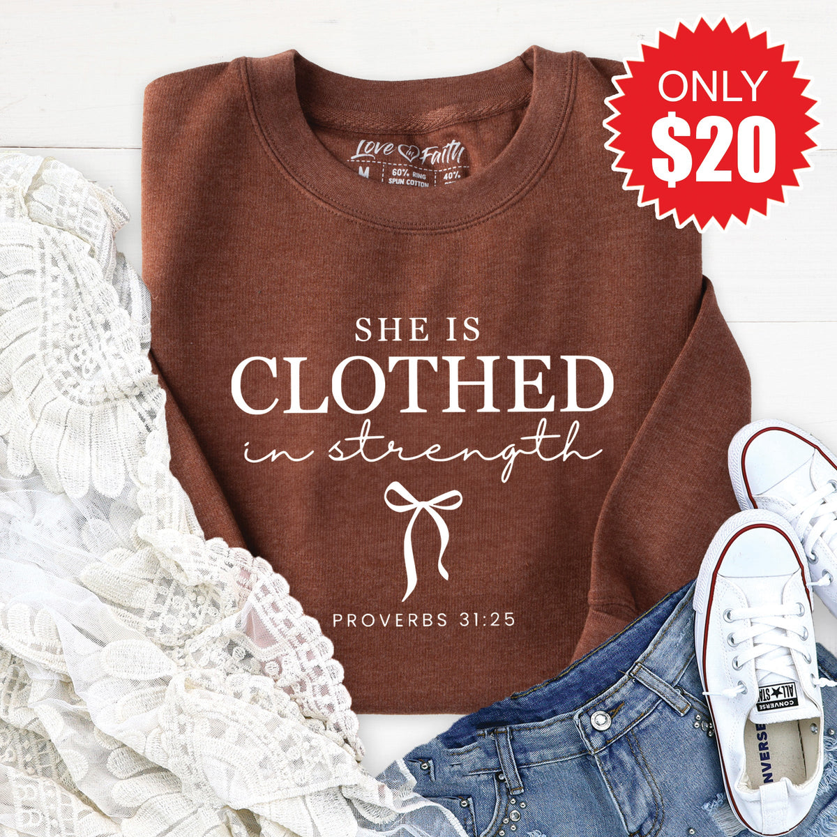 She Is Clothed In Strength Sweatshirt - Heather Brown - 20 product image 1