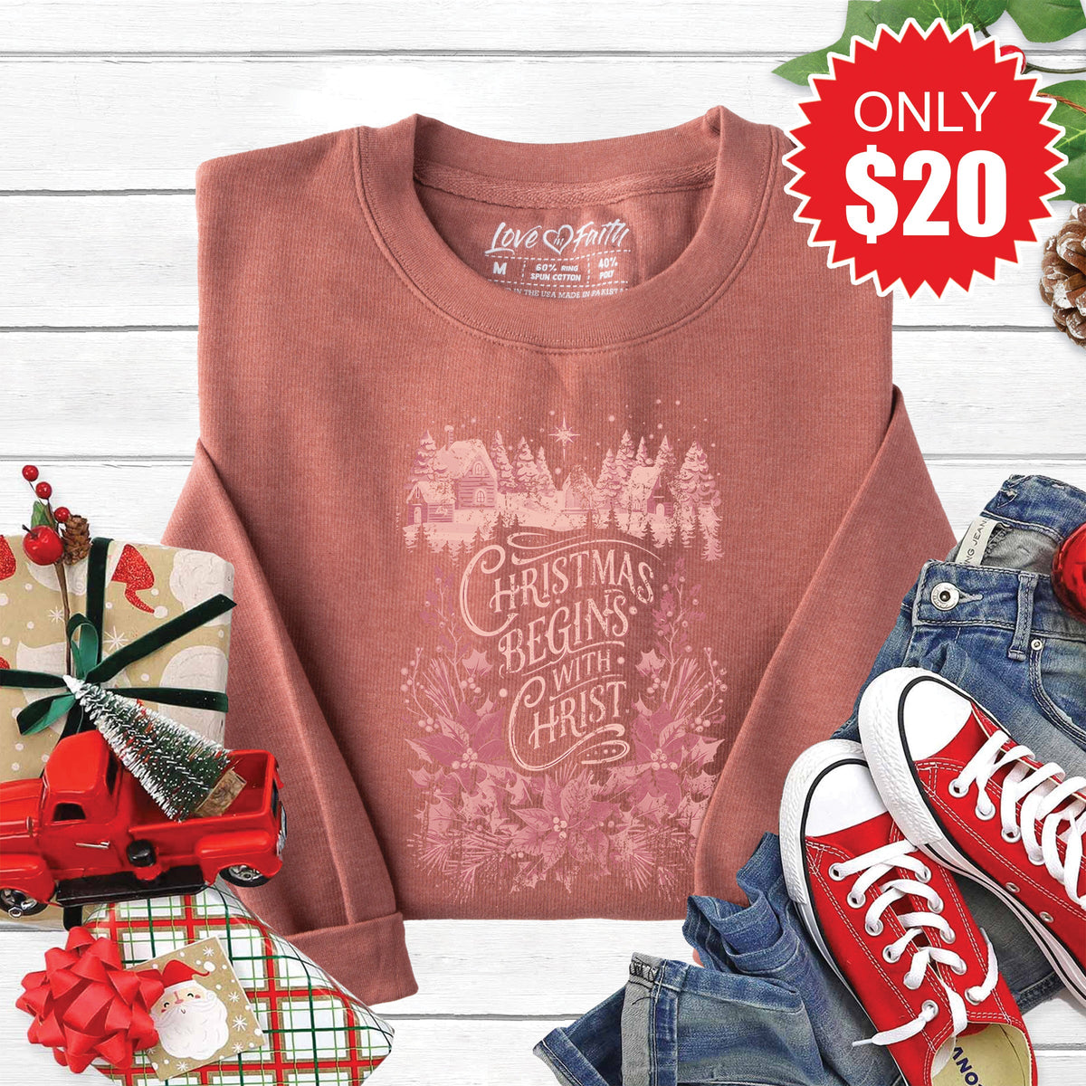 Christmas Begins With Christ Sweatshirt - Heather Chestnut product image 1