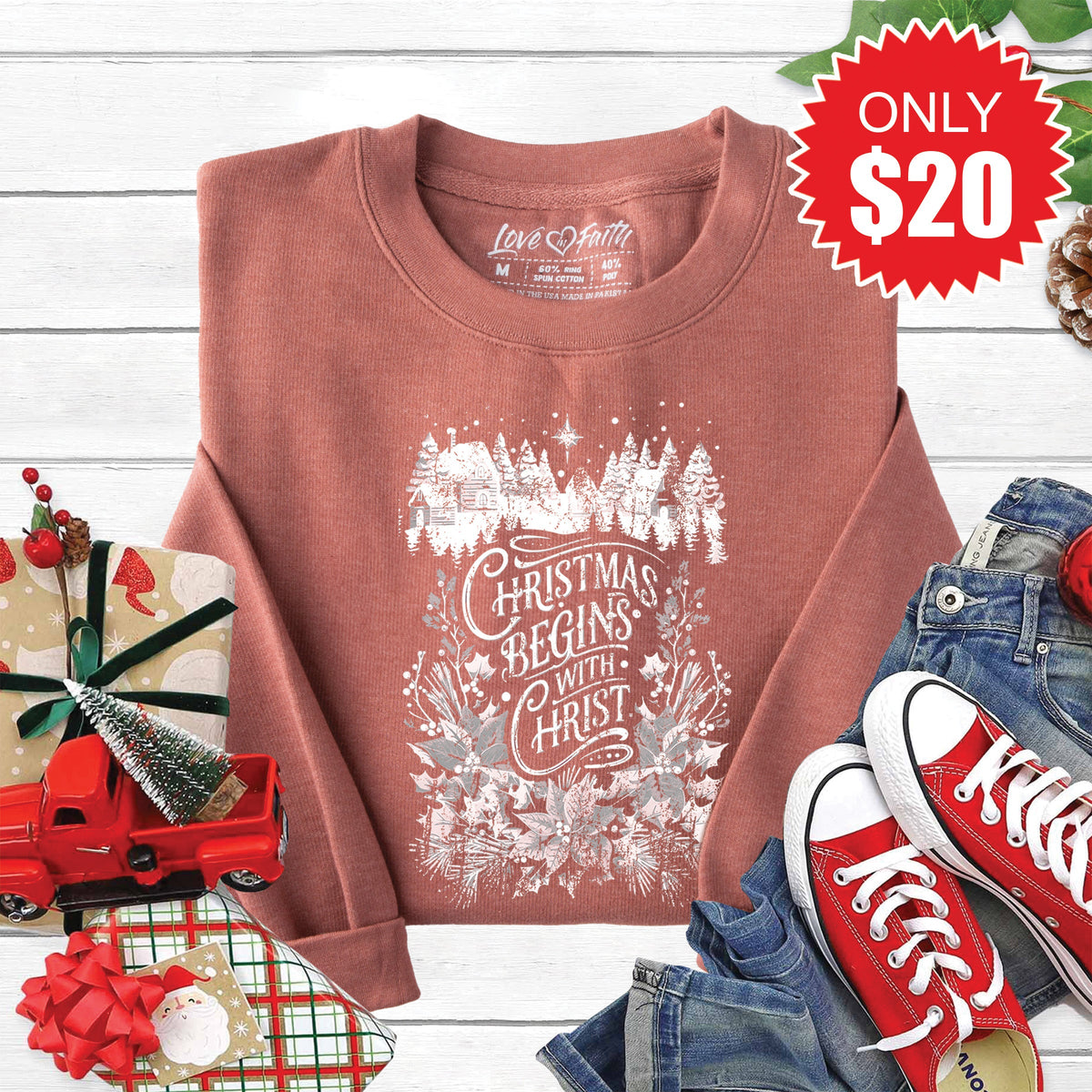 Christmas Begins With Christ Sweatshirt - Heather Chestnut product image 1