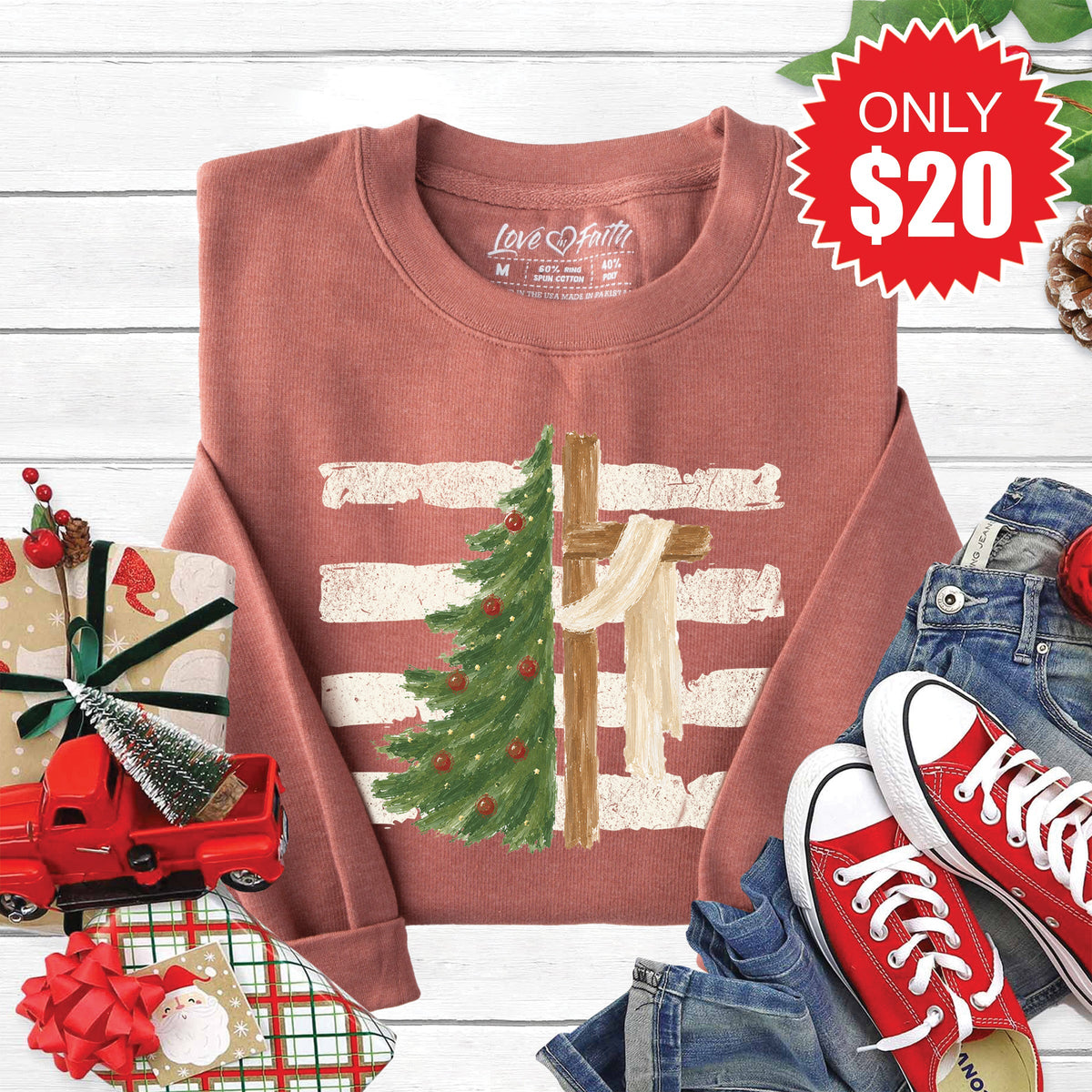 Cross and Christmas Tree Sweatshirt - Heather Chestnut - 20 product image 1