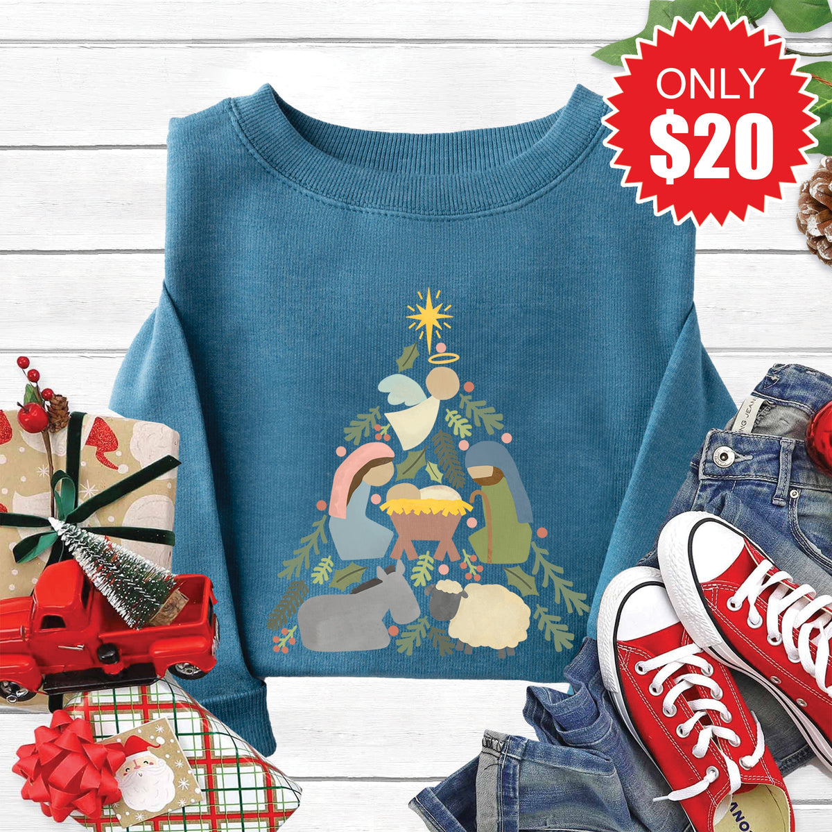 Nativity Tree Sweatshirt - Heather Deep Teal - 20 product image 1