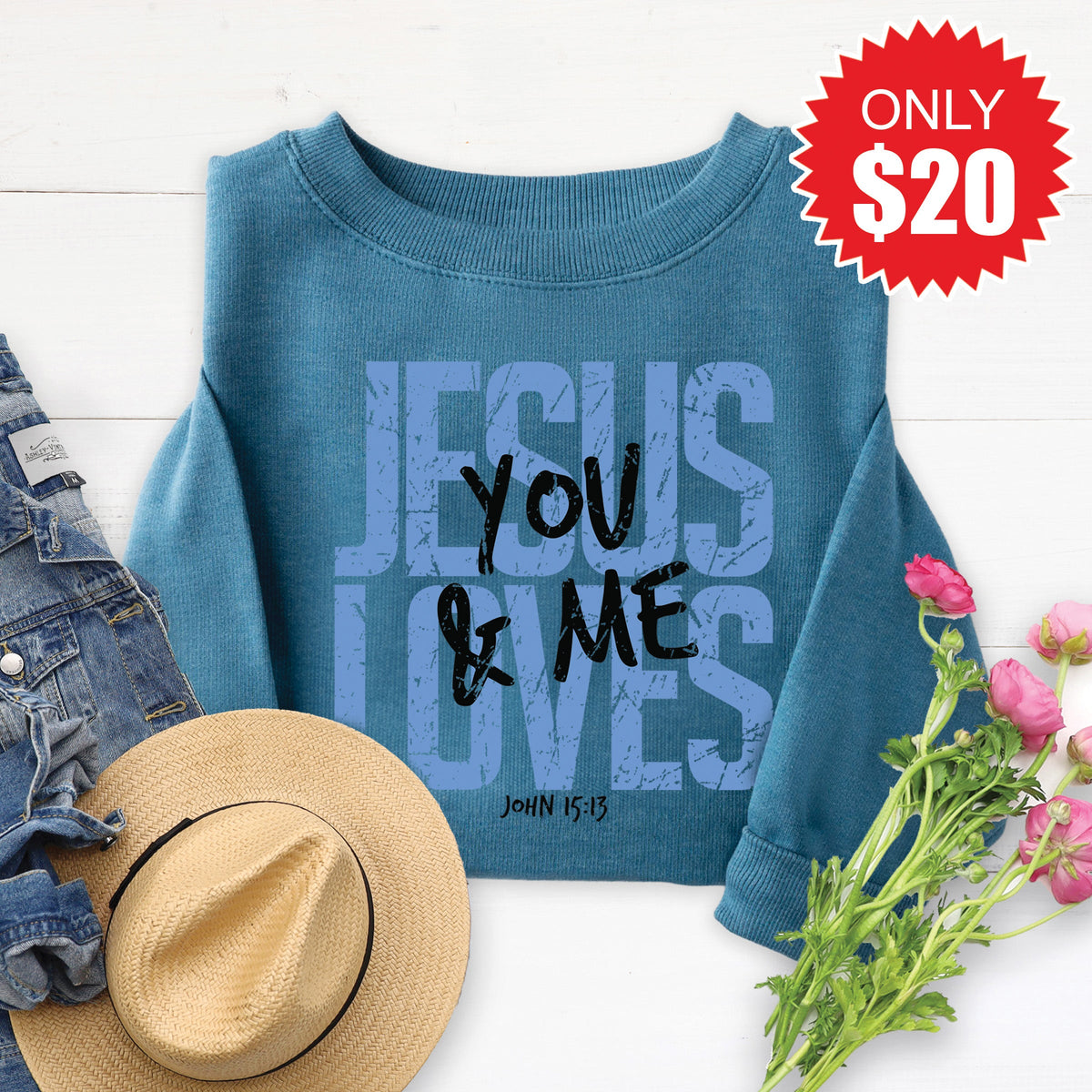 Jesus Loves You And Me Sweatshirt - Heather Deep Teal - 20 product image 1