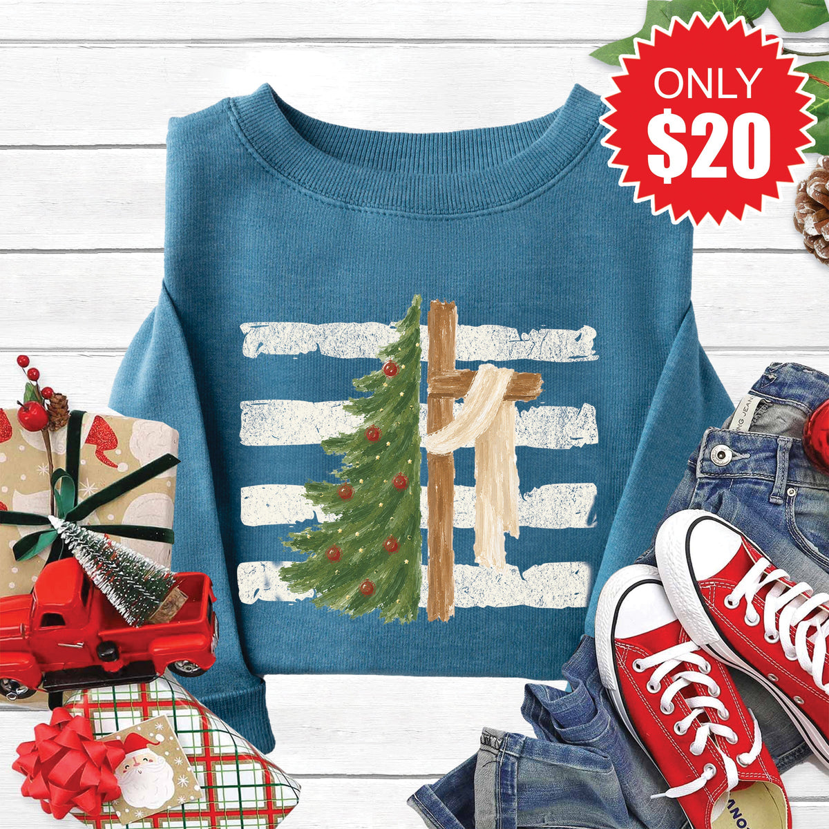 Cross and Christmas Tree Sweatshirt - Heather Deep Teal - 20 product image 1