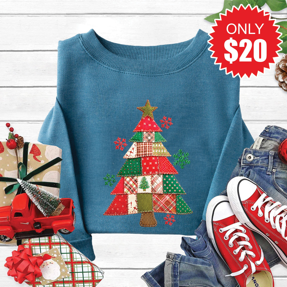 Christmas Tree Patchwork Sweatshirt - Heather Deep Teal - 20 product image 1
